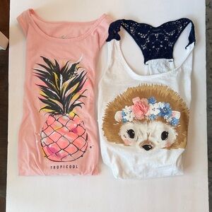 Lot of Two Justice Tank Tops: Pink Pineapple Front Tie and White w/Animal